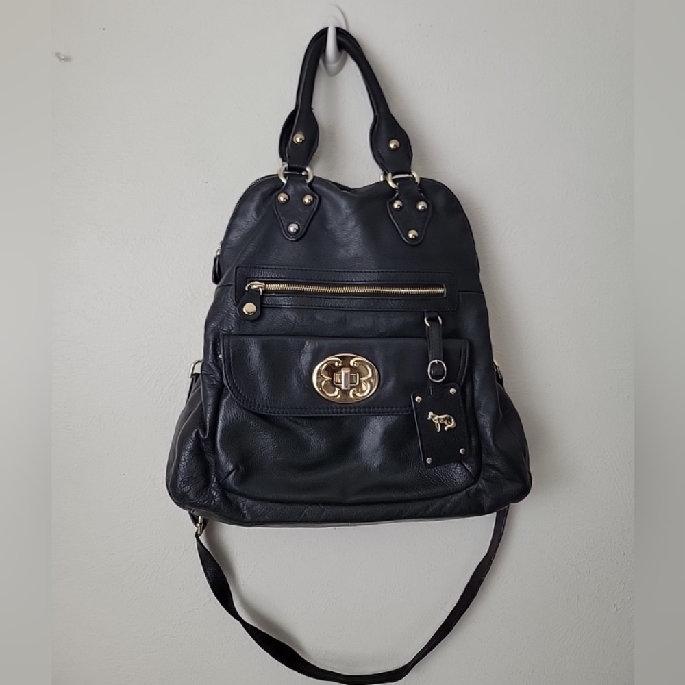 EMMA FOX Black Leather Tote HANDBAG 2 handle Y2k